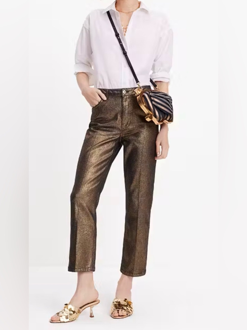 Kate Spade Metallic Straight Leg Denim Pant in New Gold Luxor Size 29